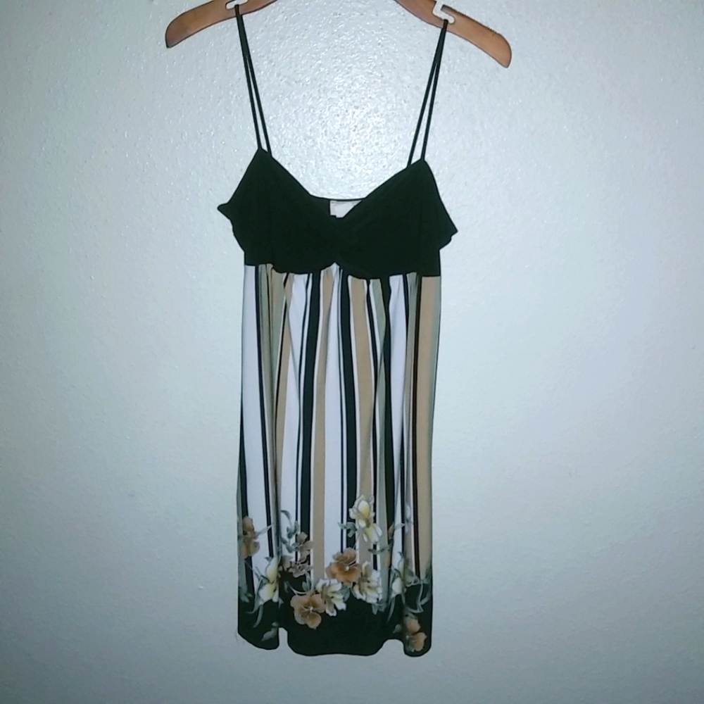 MKM L Slip Dress Black Brown Striped Floral Strap Mini Dress